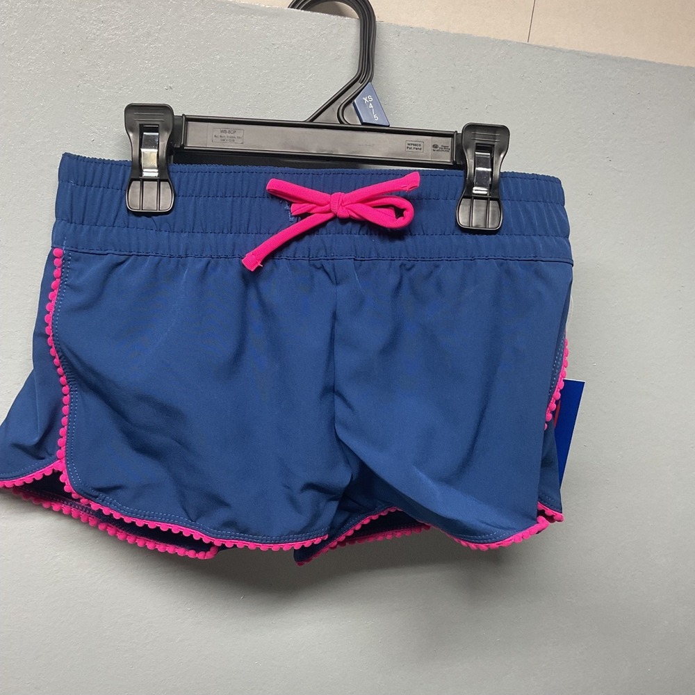 Ocean Gear Girls Navy Blue Swim Shorts UPF 50 Pink Trim Drawstring Size XS